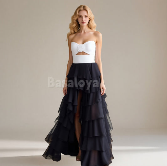 SP0077 Elegant Black&White Sweetheart A-Line Tiered Prom Dress with Slit