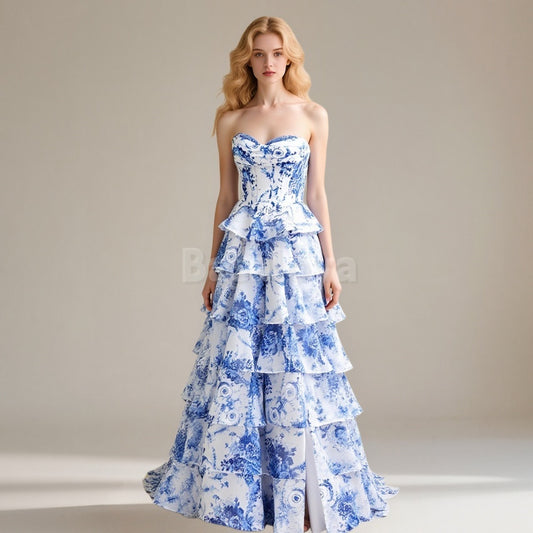 SP0079 Elegant Blue Printed A-Line Tiered Ball Gown Prom Dress with Slit