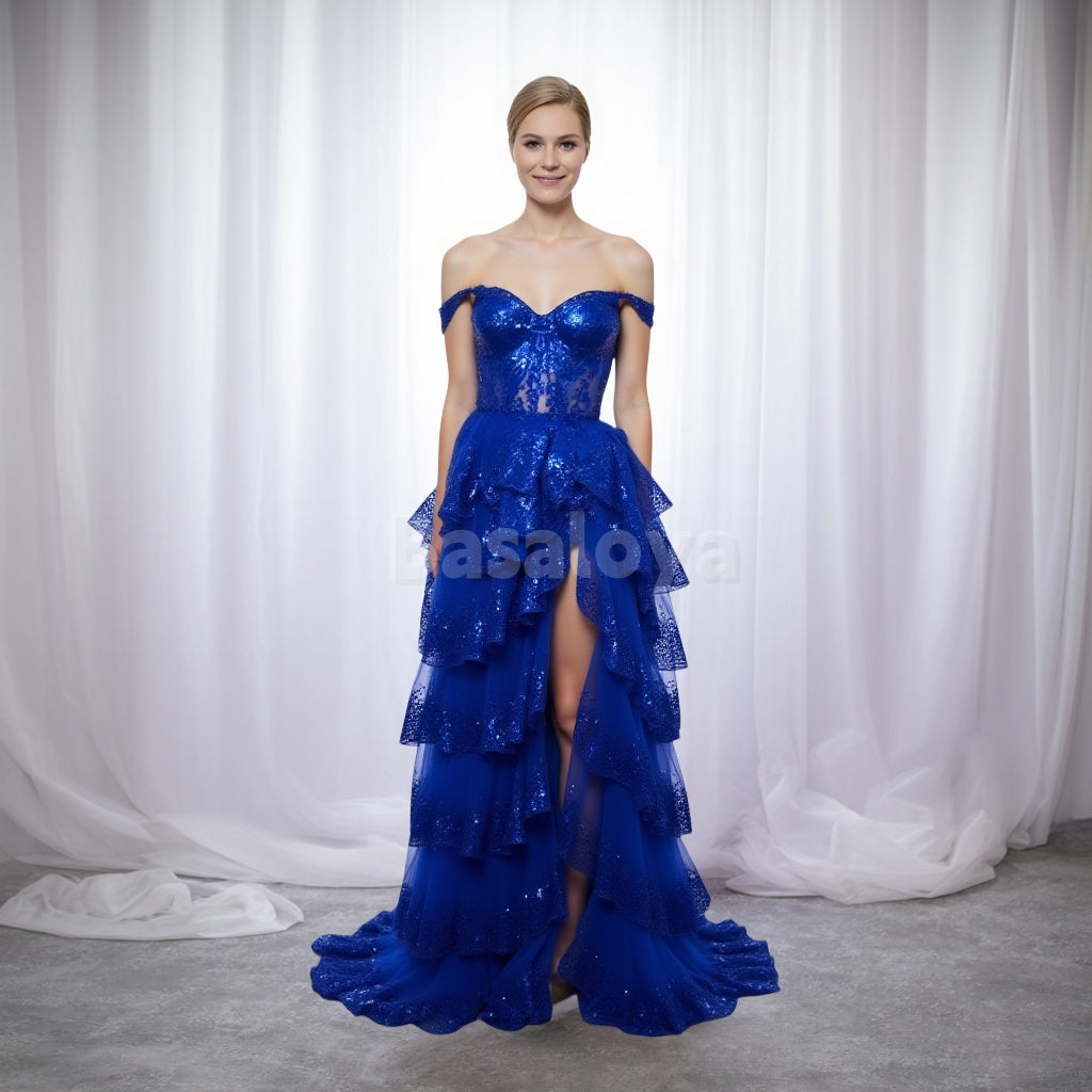 SP0074 Luxury Royal Blue Off-Shoulder A-Line Tiered Prom Dress with Applique