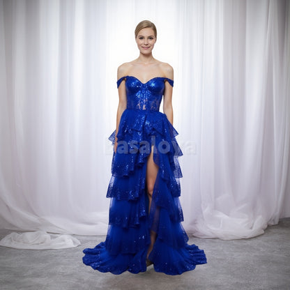 SP0074 Luxury Royal Blue Off-Shoulder A-Line Tiered Prom Dress with Applique