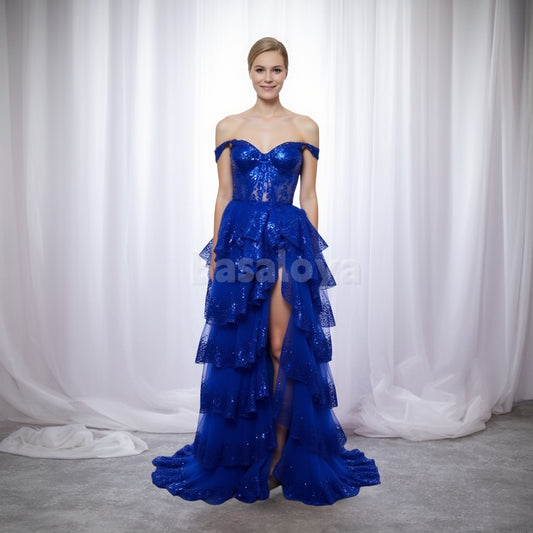 SP0074 Luxury Royal Blue Off-Shoulder A-Line Tiered Prom Dress with Applique