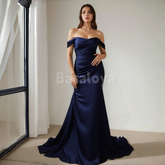 ED0029 Elegant Dark Navy Off-Shoulder Satin Evening Dress with Overskirt