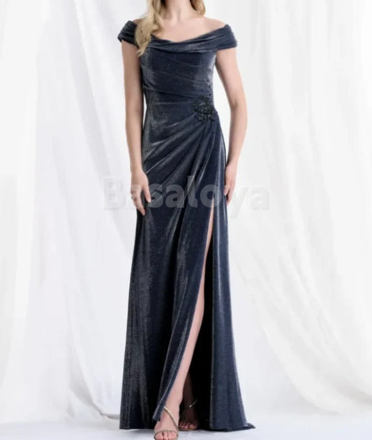 MG0002 Elegant Navy Off Shoulder Beaded Velvet Mother of the Bride