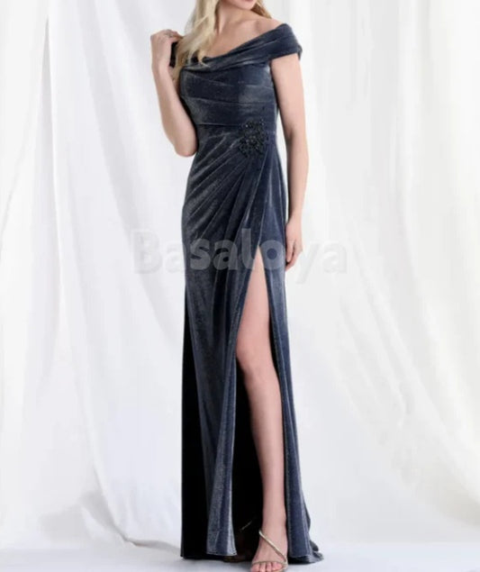 MG0002 Elegant Navy Off Shoulder Beaded Velvet Mother of the Bride