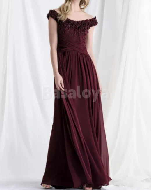 MG0003 Graceful Burgundy A-Line Chiffon Mother of Bride with 3D Beaded Floral