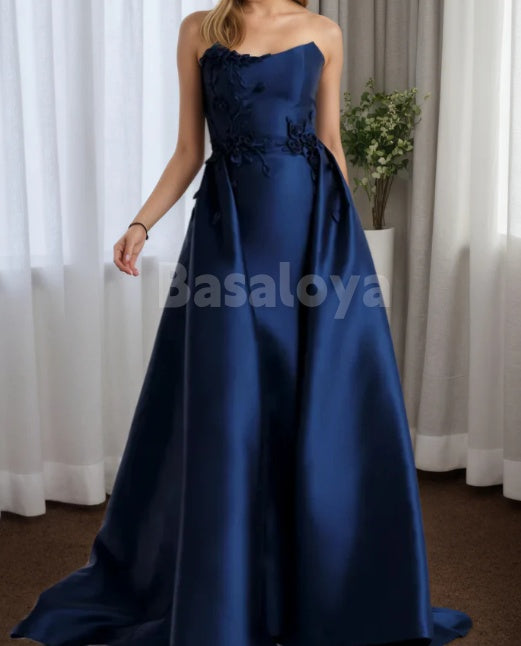 MG0004 Luxury Navy Strapless Sheath Appliques Mother of Groom with Overskirt