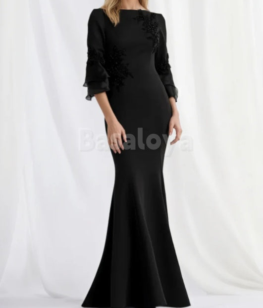 MG0005 Chic Beaded Black 3/4 Sleeves Satin Evening Dress Mother of Groom