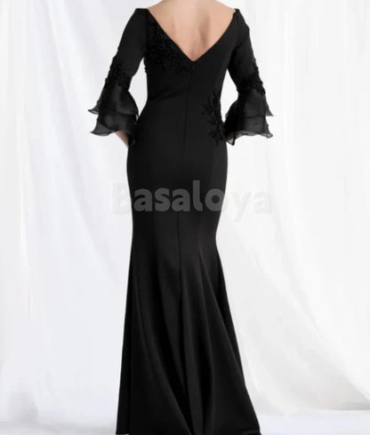 MG0005 Chic Beaded Black 3/4 Sleeves Satin Evening Dress Mother of Groom