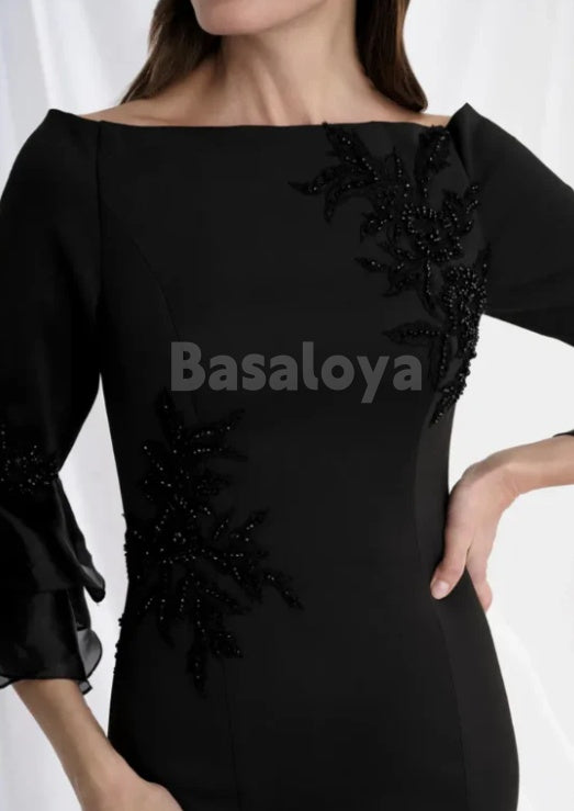 MG0005 Chic Beaded Black 3/4 Sleeves Satin Evening Dress Mother of Groom
