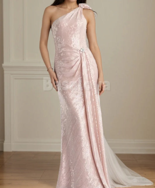 MG0006 Chic Crystal Pink One Shoulder Sequined Mother of Groom with Bow