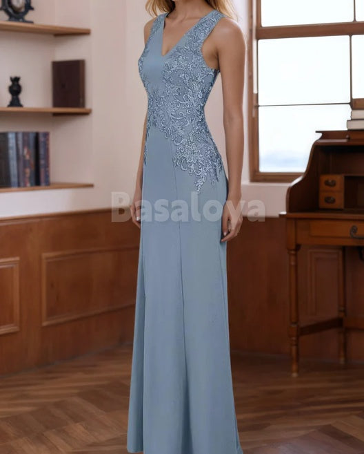 MG0008 Classic Embroidered Blue V-Neck Mermaid Mother of Groom with Beads