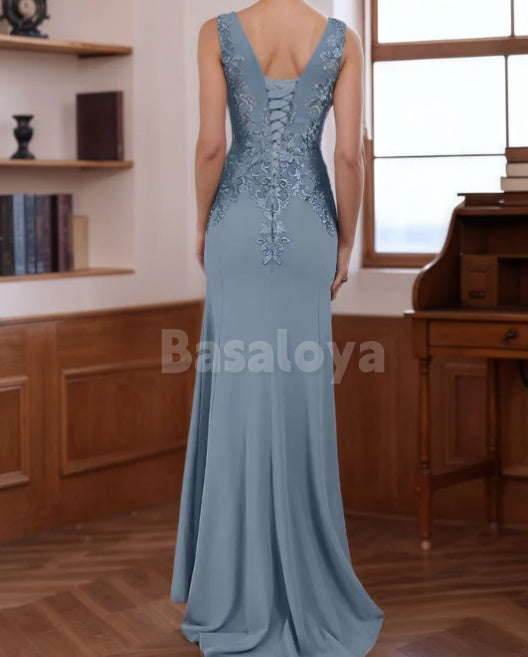 MG0008 Classic Embroidered Blue V-Neck Mermaid Mother of Groom with Beads