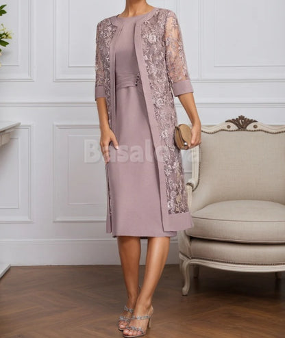 MG0009 Elegant Dusty Rose Scoop Neck Midi Mother of Groom with Applique Coat