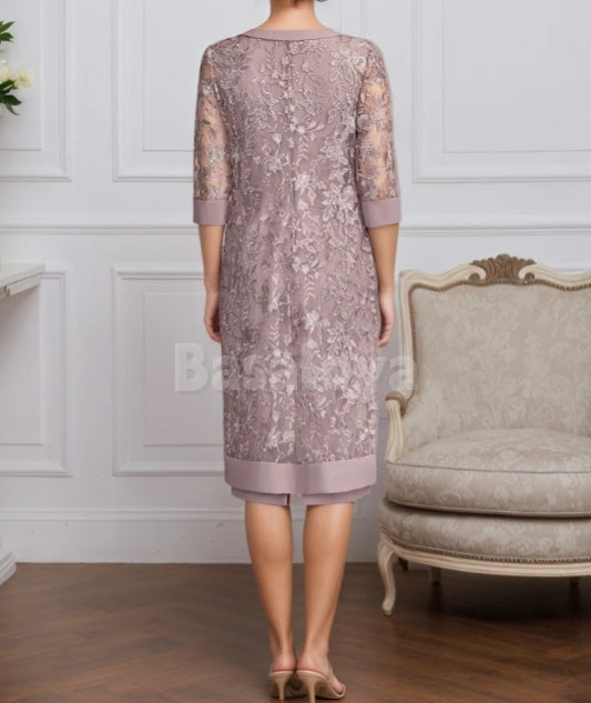 MG0009 Elegant Dusty Rose Scoop Neck Midi Mother of Groom with Applique Coat