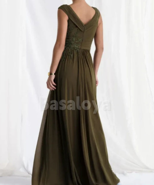 MG0010 Classic Kelly Beaded Chiffon A-Line V-Neck Mother of the Bridal Gown