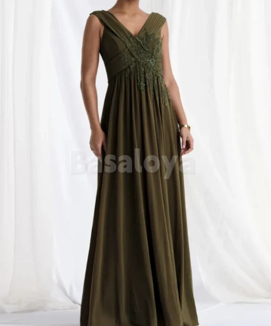 MG0010 Classic Kelly Beaded Chiffon A-Line V-Neck Mother of the Bridal Gown