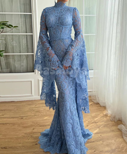 ED0041 Elegant Blue High Neck Long Sleeves Mermaid Evening Dress