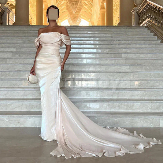ED0042 Classic Pink Off-Shoulder Sheath Pleated Evening Gown with Train