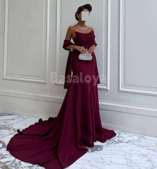 ED0043 Elegant Burgundy Strapless Mermaid Evening Dress with Train