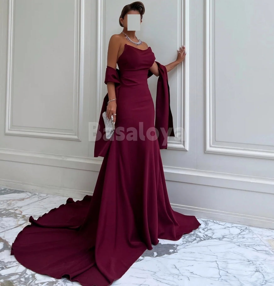 ED0043 Elegant Burgundy Strapless Mermaid Evening Dress with Train