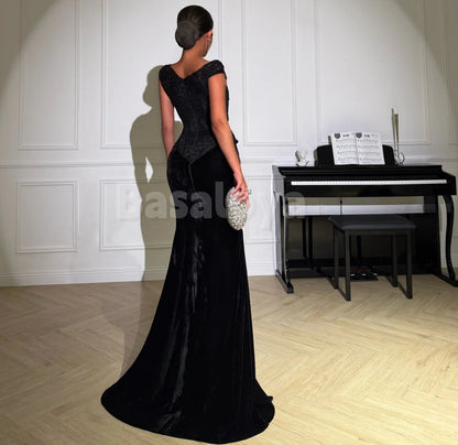 ED0044 Glamorous Black Embroidery Mermaid Evening Dress Formal Gown