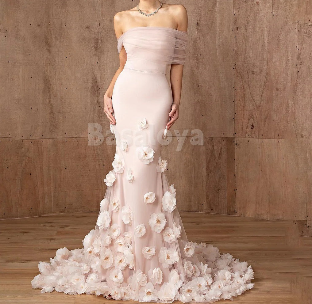 ED0046 Gorgeous Pink Off-Shoulder Mermaid Evening Dress with 3D Beaded Floral