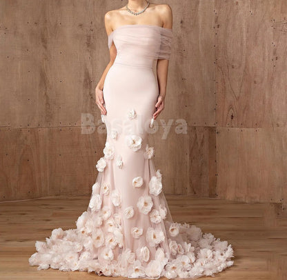 ED0046 Gorgeous Pink Off-Shoulder Mermaid Evening Dress with 3D Beaded Floral