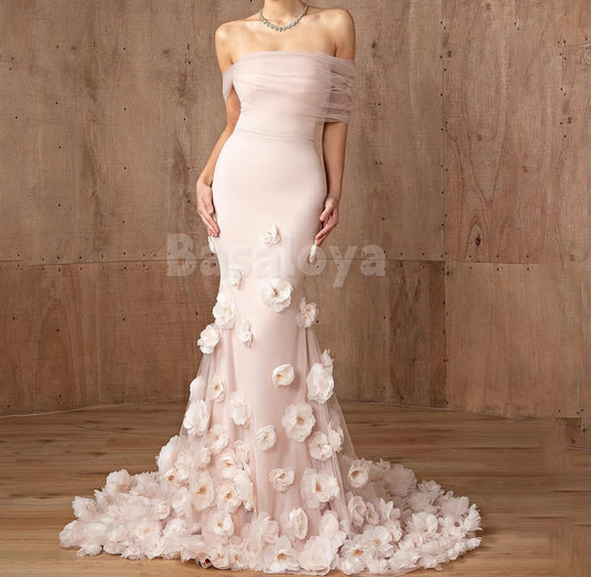 ED0046 Gorgeous Pink Off-Shoulder Mermaid Evening Dress with 3D Beaded Floral