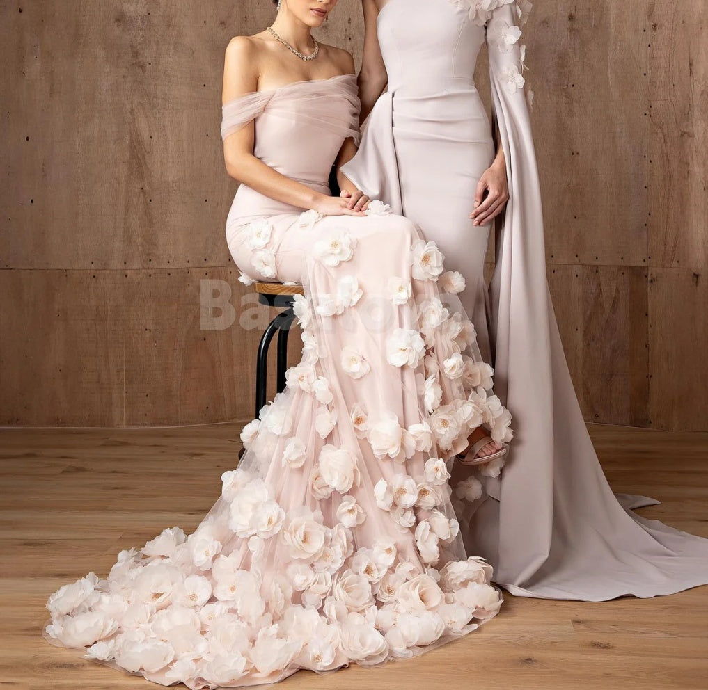 ED0046 Gorgeous Pink Off-Shoulder Mermaid Evening Dress with 3D Beaded Floral