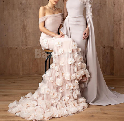 ED0046 Gorgeous Pink Off-Shoulder Mermaid Evening Dress with 3D Beaded Floral