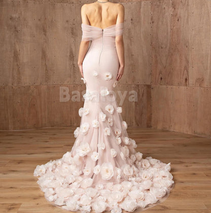 ED0046 Gorgeous Pink Off-Shoulder Mermaid Evening Dress with 3D Beaded Floral