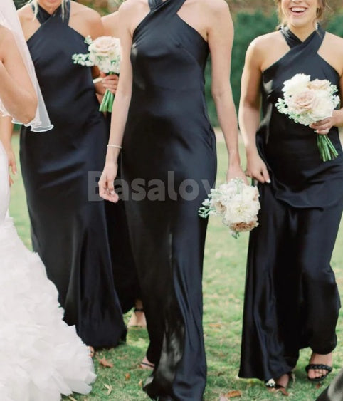 BM0018 Simple Black Cross-Neck Sheath Maxi Dress Bridesmaid Dresses