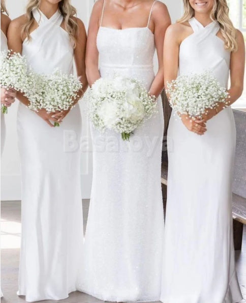 BM0018 Simple Black Cross-Neck Sheath Maxi Dress Bridesmaid Dresses