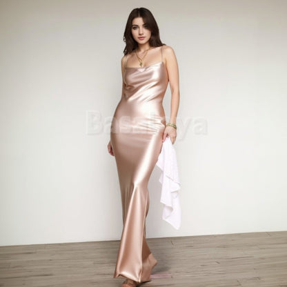 BM0004 Chic Rose Gold Spaghetti Straps Sheath Prom Dress Bridesmaid Gown