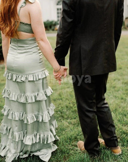 BM0006 Elegant Sage V-Neck Straps Tiered Satin Bridesmaid Dress with Slit