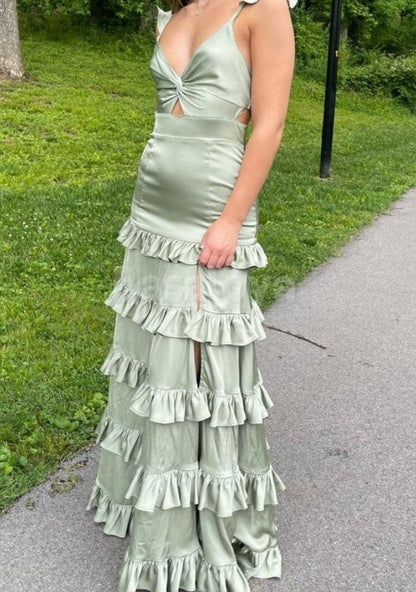 BM0006 Elegant Sage V-Neck Straps Tiered Satin Bridesmaid Dress with Slit