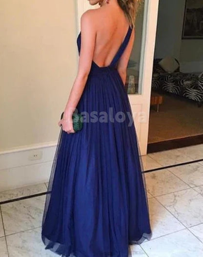 BM0009 Elegant Blue One Shoulder A-Line Lace Bridesmaid Dresses