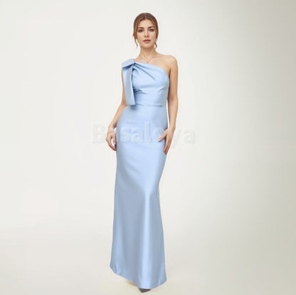 BM0010 Classic Blue One Shoulder Mermaid Long Bridesmaid Dress with Bow