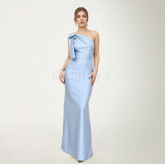 BM0010 Classic Blue One Shoulder Mermaid Long Bridesmaid Dress with Bow