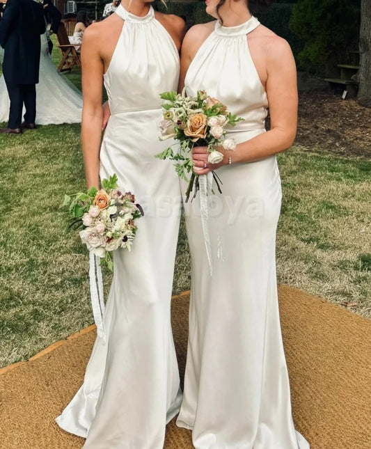 BM0019 Chic White High Neck Mermaid Satin Long Prom Dress Bridesmaid Gown