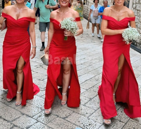 BM0020 Elegant Red Off-Shoulder Sheath Bridesmaid Dress with Slit