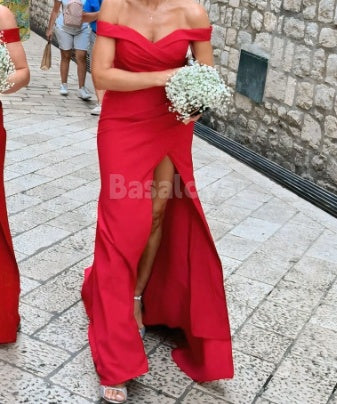 BM0020 Elegant Red Off-Shoulder Sheath Bridesmaid Dress with Slit