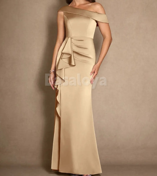 MG0012 Elegant Champagne Off-Shoulder Pleats Mermaid Mother of Groom