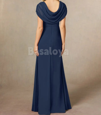 MG0013 Classic Navy Scoop Neck Pleats Chiffon Mother of the Bridal Gown with Slit
