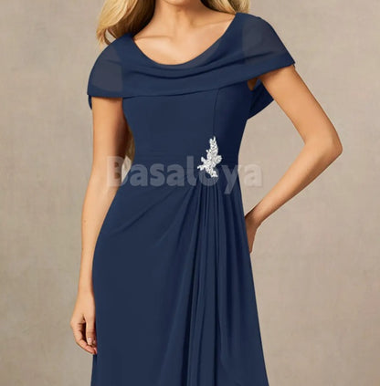 MG0013 Classic Navy Scoop Neck Pleats Chiffon Mother of the Bridal Gown with Slit
