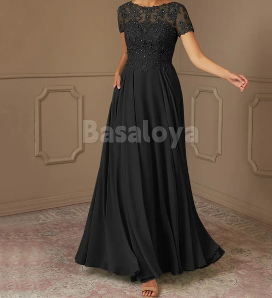 MG0014 Elegant Beaded Black Short Sleeve A-Line Mother of Bride with Applique