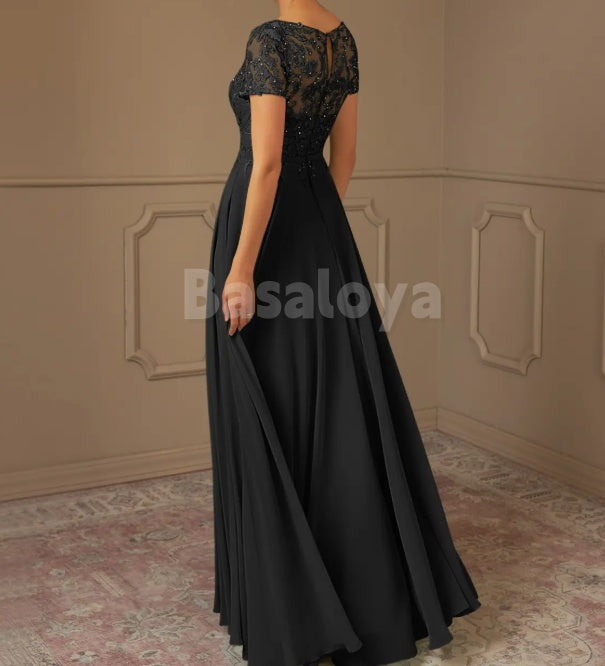 MG0014 Elegant Beaded Black Short Sleeve A-Line Mother of Bride with Applique