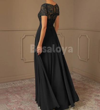 MG0014 Elegant Beaded Black Short Sleeve A-Line Mother of Bride with Applique