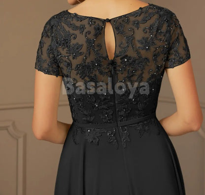 MG0014 Elegant Beaded Black Short Sleeve A-Line Mother of Bride with Applique