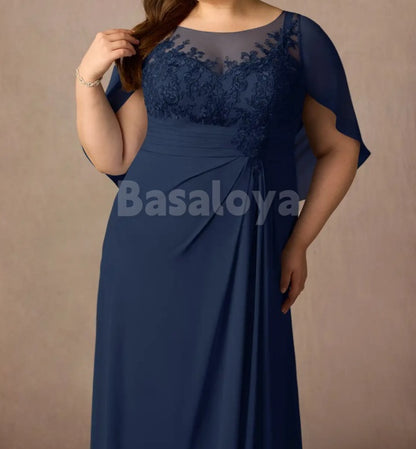MG0015 Gorgeous Navy Scoop Neck Appliques Large Size Mother of the Bridal Gown